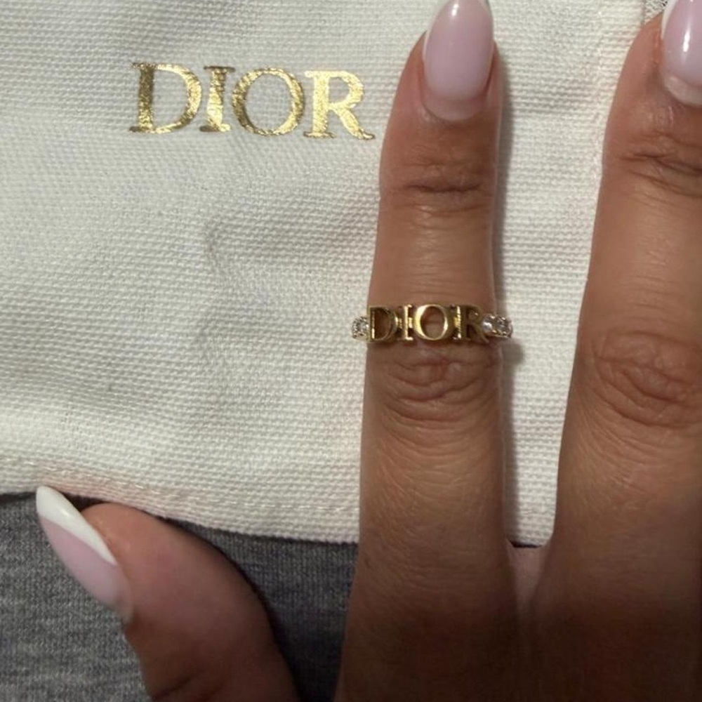 Dior Gold DIOR Logo Ring with Clear Stones
